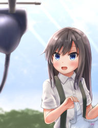 Rule 34 | 1girl, asashio (kancolle), black hair, blue eyes, blue sky, bra, clothes hanger, cloud, comiching, commentary request, day, highres, holding, holding clothes, kantai collection, long hair, outdoors, shirt, short sleeves, sky, solo, training bra, underwear, upper body, white shirt