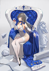 Rule 34 | 1girl, absurdres, artist request, azur lane, bare shoulders, black footwear, blue scarf, breasts, cleavage, cross, cross earrings, cup, dress, drinking glass, earrings, elbow gloves, artistic error, evening gown, fingerless gloves, full body, gloves, grey hair, highres, holding, holding cup, jewelry, large breasts, long hair, mole, mole on breast, red eyes, resolution mismatch, saint-louis (azur lane), saint-louis (holy knight&#039;s resplendence) (azur lane), scarf, sitting, sleeveless, sleeveless dress, solo, source smaller, thighhighs, throne, white dress, white gloves, white thighhighs, wine glass