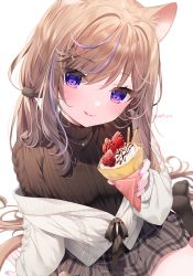 Rule 34 | 1girl, animal ear fluff, animal ears, bad id, bad pixiv id, black socks, black sweater, brown hair, cat ears, cat hair ornament, closed mouth, commentary, crepe, food, grey skirt, hair ornament, hairclip, highres, holding, holding food, jacket, leo (mafuyu), licking lips, long hair, long sleeves, looking at viewer, mafuyu (chibi21), multicolored hair, multicolored nails, nail polish, no shoes, off shoulder, original, pleated skirt, purple eyes, purple hair, purple nails, ribbed sweater, signature, simple background, sitting, skirt, sleeves past wrists, smile, socks, soles, solo, streaked hair, sweater, symbol-only commentary, tongue, tongue out, turtleneck, turtleneck sweater, very long hair, wariza, white background, white jacket