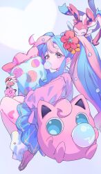 1girl beads blowing_bubbles blue_hair blue_skirt brown_footwear commentary_request creatures_(company) earrings fairy_miku_(project_voltage) flower game_freak gen_1_pokemon gen_6_pokemon hair_beads hair_flower hair_ornament hatsune_miku highres holding holding_pillow jewelry jigglypuff loose_socks multicolored_hair nintendo pillow pink_hair pink_sweater pokemon pokemon_(creature) project_voltage red_flower shoes skirt socks sweater sylveon twintails two-tone_hair valentine_(02140314c) vocaloid white_socks