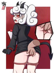 Rule 34 | 1girl, arm at side, artist name, ass, black gloves, black jacket, black skirt, blush, censored, clenched hand, clothes lift, commentary request, curly hair, demon tail, disembodied limb, fingering, formal, from behind, glasses, gloves, helltaker, highres, horns, jacket, korean commentary, layered sleeves, leaning forward, long hair, long sleeves, looking at viewer, looking back, mosaic censoring, pandemonica (helltaker), panties, panty pull, pink panties, plusion d, pussy, pussy juice, red sleeves, short hair, skirt, skirt lift, solo focus, spread pussy, suit, tail, underwear, white hair