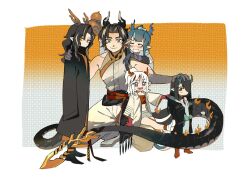 Rule 34 | 2boys, 3girls, aged down, arknights, bandeau, bare shoulders, black hair, black robe, blush, border, brown hair, character request, check character, chinese clothes, chinese commentary, chong yue (arknights), closed eyes, closed mouth, commentary request, dragon boy, dragon girl, dragon horns, dragon tail, dusk (arknights), expressionless, full body, gourd, green eyes, green hair, grey hair, grey jacket, grey shirt, grey shorts, hair over one eye, hand on another&#039;s head, hand on another&#039;s shoulder, highres, holding, holding gourd, horns, jacket, kneeling, ling (arknights), long sleeves, looking at viewer, looking down, multicolored hair, multiple boys, multiple girls, nian (arknights), one eye covered, open clothes, open jacket, open mouth, orange eyes, pointy ears, purple eyes, red bandeau, red eyes, robe, shirt, shorts, sleeveless, sleeveless shirt, sleeves past fingers, sleeves past wrists, smile, split mouth, standing, streaked hair, tail, wang (arknights), white border, white hair, zheliyougui