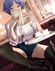Rule 34 | 1girl, absurdres, bad id, bad pixiv id, bag, black bra, black footwear, black thighhighs, blue hair, blue shorts, blurry, blurry background, blush, book, bra, coffee cup, coffee table, cup, disposable cup, dress shirt, hanamasa ono, handbag, hayami kanade, high heels, highres, holding, holding book, idolmaster, idolmaster cinderella girls, indoors, looking at viewer, open clothes, open shirt, over-kneehighs, parted bangs, shirt, short shorts, shorts, sitting, sleeves rolled up, solo, spread legs, table, thighhighs, tied shirt, underwear, white shirt, yellow eyes, zettai ryouiki