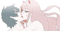 Rule 34 | 10s, 1boy, 1girl, black hair, blood, blood on face, blue eyes, collarbone, couple, darling in the franxx, face-to-face, facing another, fringe trim, green eyes, hair ornament, hairband, hetero, hiro (darling in the franxx), horns, kiss, long hair, looking at another, npn, oni horns, pink hair, red horns, short hair, topless male, white hairband, zero two (darling in the franxx)