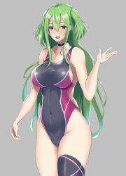 Rule 34 | 1girl, absurdres, black one-piece swimsuit, black thighhighs, breasts, choker, commission, competition swimsuit, core1013, covered navel, cowboy shot, green hair, grey background, highleg, highleg swimsuit, highres, large breasts, looking at viewer, multicolored clothes, multicolored swimsuit, one-piece swimsuit, original, red eyes, simple background, single thighhigh, solo, standing, swimsuit, thighhighs, two side up