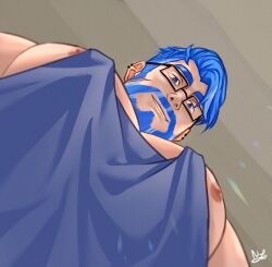 Rule 34 | 1boy, bara, blue eyes, blue hair, blue tank top, connected beard, daji takaishi (takai 43), foreshortening, from below, glasses, highres, large pectorals, light rays, looking at viewer, looking down, male focus, mature male, meme, muscular, muscular male, nipple slip, nipples, original, pectoral cleavage, pectoral focus, pectorals, photo-referenced, short hair, sidepec, smile, solo, tank top, thick eyebrows, upper body, yur oc like this (meme)