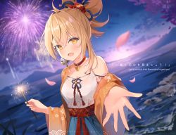 Rule 34 | 1girl, arm tattoo, bare shoulders, blonde hair, blush, breasts, casual, chest tattoo, cleavage, english text, fireworks, genshin impact, hair between eyes, happy, highres, japanese clothes, kimono, kokonex, looking at viewer, night, night sky, open clothes, open kimono, open mouth, orange eyes, orange kimono, outstretched arm, reaching, reaching towards viewer, sky, smile, sparkler, tattoo, yoimiya (genshin impact)