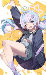 Rule 34 | 1girl, abstract background, absurdres, ahoge, arm up, black neckerchief, blue archive, blue eyes, blue hair, blue jacket, commentary, feet out of frame, grey shirt, grey skirt, hair ornament, halo, highres, jacket, long sleeves, looking at viewer, low twintails, midriff peek, multicolored hair, navel, neckerchief, one eye closed, open clothes, open jacket, open mouth, pink hair, pink halo, pleated skirt, reisa (blue archive), sakanafish, shirt, skirt, smile, solo, star (symbol), star hair ornament, star halo, symbol-only commentary, twintails, two-tone hair
