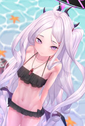 Rule 34 | 1girl, ahoge, alternate costume, arms behind back, bare shoulders, beach, bikini, black bikini, blue archive, blurry, collarbone, commentary request, cyelho, demon girl, demon horns, demon wings, depth of field, forehead, frilled bikini, frills, from above, groin, halo, highres, hina (blue archive), hina (swimsuit) (blue archive), horns, lifebuoy, long hair, looking at viewer, looking up, navel, ocean, one side up, parted bangs, purple eyes, sidelocks, smile, solo, starfish, stomach, swim ring, swimsuit, whistle, whistle around neck, white hair, wings