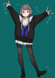 Rule 34 | 1girl, :&lt;, arms up, baggy clothes, black footwear, black pantyhose, black sweater, blue background, blue neckwear, blunt bangs, blush stickers, brown eyes, brown hair, cardigan, copyright request, double v, full body, highres, loafers, low twintails, outstretched arms, pantyhose, pleated skirt, sailor collar, school uniform, shoes, skirt, sleeves past wrists, solo, sweater, twintails, v, v-shaped eyebrows, yuu (higashi no penguin)