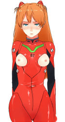 Rule 34 | 1girl, bigoru, blue eyes, blush, bodysuit, breastless clothes, breasts, breasts out, cowboy shot, embarrassed, hair ornament, half-closed eyes, lips, long hair, looking at viewer, neon genesis evangelion, nipples, nose blush, orange hair, plugsuit, red hair, simple background, small breasts, solo, souryuu asuka langley, standing, turtleneck, white background