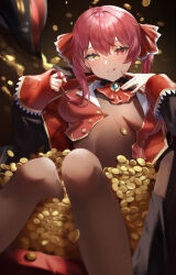 Rule 34 | 1girl, :q, absurdres, ascot, black jacket, breasts, breasts apart, brooch, closed mouth, coin, commentary request, cropped jacket, cropped vest, gold coin, gold trim, hands up, hat, unworn hat, unworn headwear, heterochromia, highres, hololive, houshou marine, houshou marine (1st costume), jacket, jewelry, knees up, large breasts, licking lips, long hair, looking at viewer, lucy (rusi-juren328), lying, md5 mismatch, multicolored clothes, multicolored jacket, on back, open clothes, open jacket, pirate hat, playing with own hair, raised eyebrows, red ascot, red eyes, red hair, red jacket, resolution mismatch, sleeveless, sleeveless jacket, solo, source larger, tongue, tongue out, treasure chest, twintails, two-tone jacket, vest, virtual youtuber, yellow eyes