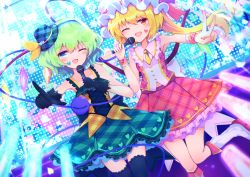 Rule 34 | 2girls, alternate costume, armpits, arms up, black gloves, black legwear, blonde hair, blue eyes, blue headwear, blue skirt, boots, commentary, dress, dutch angle, facial mark, fang, feet out of frame, flandre scarlet, gloves, glowstick, green hair, hat, hat ribbon, heart, heart facial mark, highres, holding, holding microphone, idol, knee boots, komeiji koishi, layered dress, microphone, mini hat, mob cap, multiple girls, necktie, one eye closed, one side up, open mouth, outstretched hand, petticoat, pink skirt, pink vest, plaid headwear, pointing, pointing at viewer, red eyes, ribbon, shirt, short hair, skirt, sleeveless, sleeveless dress, stage, stage lights, standing, standing on one leg, thighhighs, third eye, tomoe (fdhs5855), touhou, v, vest, white footwear, white headwear, wrist cuffs, yellow neckwear, yellow shirt, zettai ryouiki