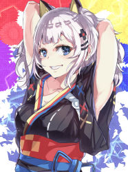 Rule 34 | 1girl, :d, animal ears, armpits, arms behind head, arms up, blue eyes, breasts, cat ears, cleavage, fake animal ears, hair ornament, hairclip, highres, japanese clothes, kaguya luna, kimono, looking at viewer, open mouth, smile, teeth, the moon studio, tomas (kaosu22), twintails, virtual youtuber, white hair