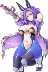 Rule 34 | 1girl, alternate costume, animal ears, arm cannon, boku no hero academia, breasts, center opening, closed mouth, commentary, english commentary, fake animal ears, highres, hot vr, kneeling, lady nagant, large breasts, looking at viewer, multicolored hair, navel, patreon username, purple eyes, purple hair, rabbit ears, shoes, short hair, simple background, smile, solo, two-tone hair, weapon, white background, white footwear