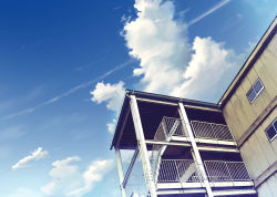 Rule 34 | building, cloud, coach (artist), contrail, day, highres, no humans, original, railing, scenery, sky, stairs