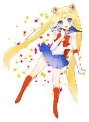 Rule 34 | 10s, 1girl, bad id, bad pixiv id, bishoujo senshi sailor moon, bishoujo senshi sailor moon crystal, blonde hair, blue eyes, blue sailor collar, blue skirt, boots, bow, choker, double bun, elbow gloves, gloves, hair ornament, jewelry, knee boots, long hair, magical girl, red bow, sailor collar, sailor moon, skirt, smile, solo, tiara, tsukino usagi, twintails, uttao, very long hair, white gloves