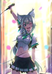 Rule 34 | 1girl, absurdres, animal ear fluff, animal ears, arm up, backlighting, black vest, bow, bracelet, cat ears, green bow, green eyes, green necktie, hair bow, hair ornament, happy, highres, hizuki miu, holding, holding microphone, jewelry, long hair, microphone, microphone cord, midriff, miniskirt, multicolored clothes, multicolored skirt, navel, necktie, one eye closed, open mouth, plaid necktie, plaid neckwear, pleated skirt, shirt, side ponytail, skirt, smile, solo, sorrowsolow, stage, stomach, striped clothes, striped shirt, triangle, triangle print, v-shaped eyebrows, vertical-striped clothes, vertical-striped shirt, very long hair, vest, virtual youtuber, wactor production, white hair, white shirt, wing collar