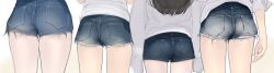 Rule 34 | 4girls, ama mitsuki, ass, ass focus, black hair, blue shorts, close-up, cutoffs, denim, denim shorts, from behind, highres, long hair, lower body, multiple girls, original, shirt, short shorts, shorts, simple background, sleeves past fingers, sleeves past wrists, sleeves rolled up, sweater, thighs, torn clothes, torn shorts, white background, white shirt, white sweater