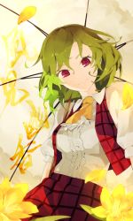 Rule 34 | 1girl, adapted costume, ascot, breasts, buttons, dress shirt, female focus, flower, green hair, kazami yuuka, looking at viewer, md5 mismatch, petals, plaid, plaid vest, puffy sleeves, red eyes, shihou (g-o-s), shirt, short hair, short sleeves, smile, solo, text focus, touhou, umbrella, vest