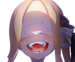 Rule 34 | 1girl, bandages, bandages over eyes, blindfold, cluseller, eyepatch, female focus, flower, forehead, hair flower, hair ornament, happy, open mouth, original, pointy ears, portrait, red flower, sharp teeth, sidelocks, simple background, smile, solo, teeth, tongue, white background