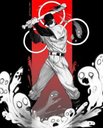 1boy add-on_(off) arms_up attack baseball baseball_bat baseball_cap baseball_uniform blood bloody_weapon commentary english_commentary ghost hat holding holding_baseball_bat layered_sleeves long_sleeves male_focus no_pupils oberon_blyat off_(game) pants shirt shirt_tucked_in short_over_long_sleeves short_sleeves solo spectre_(off) sportswear spot_color standing striped_clothes striped_pants striped_shirt the_batter_(off) twitter_username vertical-striped_clothes vertical-striped_pants vertical-striped_shirt weapon