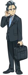Rule 34 | 1boy, absurdres, black bag, black eyes, black footwear, black hair, black jacket, black pants, blue necktie, buttons, closed mouth, collared shirt, creatures (company), full body, game freak, grey hair, grey shirt, hand up, highres, jacket, larry (pokemon), long sleeves, male focus, multicolored hair, necktie, nintendo, official art, pants, pokemon, pokemon sv, shirt, shoes, short hair, solo, standing, thick eyebrows, transparent background, two-tone hair