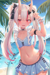 Rule 34 | 1girl, :d, absurdres, arm strap, armpits, bare shoulders, beach, bikini, bikini skirt, black bow, blue bikini, blue skirt, blue sky, blush, bow, choker, cloud, collarbone, commentary request, cowboy shot, day, fang, flat chest, frilled choker, frills, groin, hair between eyes, hair bow, hand up, highleg, highleg bikini, highres, hitokuchii, holding, holding swim ring, hololive, horns, innertube, long hair, looking at viewer, lower teeth only, midriff, multicolored hair, nail polish, nakiri ayame, nakiri ayame (hololive summer 2019), navel, ocean, oni, open mouth, outdoors, palm leaf, red eyes, red hair, red nails, sand, side-tie bikini bottom, sidelocks, silver hair, skin-covered horns, skin fang, skirt, sky, smile, solo, standing, streaked hair, swim ring, swimsuit, tan, teeth, twintails, virtual youtuber, water drop, wrist cuffs