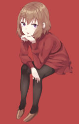 Rule 34 | 1girl, black pantyhose, blend s, blush, brown footwear, brown hair, commentary request, dress, full body, hair between eyes, head rest, highres, hoshikawa mafuyu, leaning forward, long sleeves, looking at viewer, pantyhose, parted lips, pomuramu, purple eyes, red background, short hair, simple background, sitting, solo, sweater, sweater dress