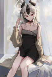 Rule 34 | 1girl, ak11raa, bare shoulders, black dress, black hair, blue archive, breasts, brown jacket, cleavage, closed mouth, collarbone, commentary request, dress, ear piercing, feet out of frame, grey hair, hair between eyes, halo, hand up, highres, horns, jacket, kayoko (blue archive), kayoko (dress) (blue archive), long hair, long sleeves, multicolored hair, off shoulder, open clothes, open jacket, piercing, puffy long sleeves, puffy sleeves, red eyes, sitting, sleeveless, sleeveless dress, small breasts, smile, solo, strap slip, two-tone hair