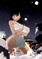 Rule 34 | 1girl, angry, artist request, bathing, blush, breasts, covered erect nipples, covering privates, covering breasts, covering crotch, embarrassed, female focus, highres, in water, large breasts, meitantei conan, moon, mouri ran, naked towel, night, nipples, nude, nude cover, onsen, peeking, pussy, see-through, snow, snowing, solo, spread legs, standing, thick thighs, thighs, towel, wet, wet clothes, wide hips