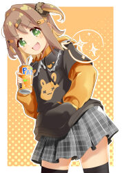 Rule 34 | + +, 1girl, absurdres, bandaid, black thighhighs, blush, can, dot nose, drink, drink can, drinking straw, fang, female focus, food, fruit, heart (symbol), highres, holding, holding drink, hood, long sleeves, looking at viewer, multicolored hair, oka asahi, onii-chan wa oshimai!, open mouth, orange (fruit), rabbit ears, rn85985, skirt, soda, soda can, solo, standing, star (symbol), thighhighs, x x