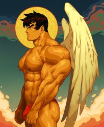 Rule 34 | 1boy, abs, angel, angel wings, artist name, bara, biceps, brown eyes, brown hair, cloud, cloudy sky, halo, large pectorals, looking to the side, male focus, male swimwear, male underwear, manly, mature male, muscular, muscular male, navel, nipples, no pants, original, pectorals, red male swimwear, red swim briefs, short hair, signature, sky, solo, swim briefs, swimsuit, thick arms, thick eyebrows, thick thighs, thighs, topless male, underwear, veins, veiny arms, wings, xelgot
