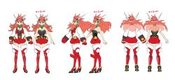 Rule 34 | 1girl, amou kanade, bare shoulders, bell, boots, breasts, character sheet, christmas, cleavage, commentary request, from behind, full body, gloves, headgear, high heel boots, high heels, large breasts, long hair, multiple views, official art, profile, red eyes, red gloves, red hair, red thighhighs, senki zesshou symphogear, senki zesshou symphogear xd unlimited, simple background, sleeveless, thigh boots, thighhighs, translation request, white background
