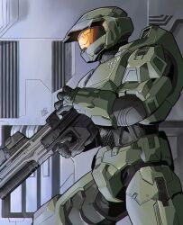 Rule 34 | 1boy, absurdres, animification, armor, assault rifle, assault visor, black gloves, bullpup, commentary, from side, gloves, gun, halo (series), halo infinite, helmet, highres, holding, holding gun, holding weapon, ma5, male focus, master chief, nasutetsu, power armor, rifle, science fiction, solo, spartan (halo), weapon