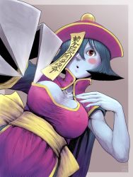 Rule 34 | 1girl, @doy, blue hair, blue skin, breasts, capcom, chinese clothes, claws, cleavage, cleavage cutout, clothing cutout, colored skin, flipped hair, hat, jiangshi, large breasts, lei lei, long sleeves, ofuda, open mouth, qingdai guanmao, red eyes, sash, short hair, solo, vampire (game), wide sleeves