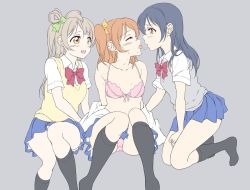 Rule 34 | 10s, 3girls, after kiss, assisted exposure, blue hair, blush, bow, bra, closed eyes, commentary request, grey hair, hair between eyes, hair bow, kiss, kiss day, kneeling, kosaka honoka, long hair, looking at another, love live!, love live! school idol project, minami kotori, multiple girls, one side up, open clothes, open mouth, open shirt, orange hair, panties, pantyshot, pink bra, pink panties, saliva, saliva trail, school uniform, shirt, simple background, sitting, skirt, smile, sonoda umi, sweat, tetopetesone, tongue, tongue out, underwear, yellow eyes, yuri