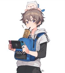 Rule 34 | 1boy, backpack, bag, brown hair, bubble tea, bubble tea challenge, commentary, drawstring, drinking straw, english commentary, game console, holding, hood, hood down, hoodie, layered sleeves, long sleeves, looking at viewer, male focus, nagu, nintendo switch, original, pants, purple eyes, short hair, short over long sleeves, short sleeves, signature, simple background, upper body, white background