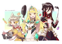 Rule 34 | 3girls, bare legs, bare shoulders, blonde hair, breasts, cheese dakke, chest jewel, cleavage, cleavage cutout, clothing cutout, dress, earrings, elbow gloves, gloves, jewelry, large breasts, long hair, morag ladair (xenoblade), multiple girls, mythra (xenoblade), nia (xenoblade), short dress, swept bangs, tiara, very long hair, white dress, white gloves, xenoblade chronicles (series), xenoblade chronicles 2, yellow eyes