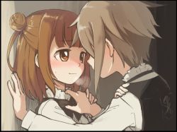 Rule 34 | 10s, 2girls, ange (princess principal), beatrice (princess principal), blunt bangs, blush, bow, bowtie, breath, brown eyes, brown hair, commentary, double bun, from side, grey hair, hair bun, hand on shoulder, holding hands, kabedon, multiple girls, niina ryou, princess principal, short hair, smile, sweatdrop, yuri