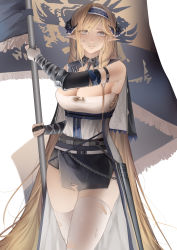 Rule 34 | 1girl, absurdres, arknights, arm strap, bare shoulders, blonde hair, blue eyes, blue hairband, breasts, chain, cleavage, commentary, cowboy shot, elbow gloves, flag, gloves, hairband, highres, holding, holding flag, horns, kingdom of victoria logo, large breasts, long hair, looking at viewer, microskirt, parted lips, pointy ears, saileach (arknights), shirt, simple background, skirt, solo, standing, strapless, strapless shirt, thighhighs, thighs, torn clothes, torn thighhighs, very long hair, white background, white shirt, white thighhighs, zhi wozi