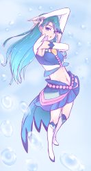 Rule 34 | 1girl, arm up, blue background, blue eyes, blue hair, blue skirt, boots, breasts, crop top, cure mermaid, detached sleeves, earrings, floating hair, go! princess precure, groin, highres, jewelry, kaidou minami, knee boots, long hair, long sleeves, looking at viewer, midriff, miniskirt, navel, open mouth, pleated skirt, precure, sideboob, skirt, small breasts, solo, standing, stomach, unpale, very long hair, white footwear, white sleeves