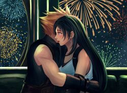 1boy 1girl aerial_fireworks bare_shoulders black_gloves black_hair black_sports_bra blonde_hair blush cloud_strife collarbone commentary couple crop_top earrings english_commentary ferris_wheel_interior final_fantasy final_fantasy_vii final_fantasy_vii_rebirth final_fantasy_vii_remake fireworks from_side gloves gondola hug indoors jewelry kaicean long_hair night night_sky open_mouth profile red_eyes red_lips short_hair single_earring sitting sky sleeveless sleeveless_turtleneck spiked_hair sports_bra suspenders sweater tank_top tifa_lockhart turtleneck turtleneck_sweater upper_body white_tank_top