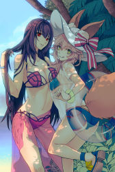 Rule 34 | 10s, 2girls, adjusting hair, animal ears, ass, asymmetrical docking, bare shoulders, bikini, blue bikini, breast press, breasts, cleavage, ears through headwear, fate/extra, fate/grand order, fate (series), gluteal fold, large breasts, licking lips, long hair, looking at viewer, looking to the side, midriff, multiple girls, navel, nishi juuji, palm tree, pink hair, purple hair, red eyes, sandals, sarong, scathach (fate), scathach (fate/grand order), scathach (swimsuit assassin) (fate), see-through, shirt, smile, swimsuit, tail, tamamo (fate), tamamo no mae (fate/extra), tamamo no mae (swimsuit lancer) (fate), tamamo no mae (swimsuit lancer) (third ascension) (fate), tongue, tongue out, tree, trefoil, wet, wet clothes, wet shirt, yellow eyes