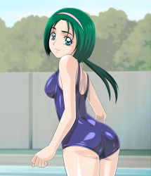 Rule 34 | 00s, 1girl, akimoto komachi, ass, back, blue one-piece swimsuit, breasts, cowboy shot, day, eyelashes, green eyes, green hair, hairband, looking at viewer, looking back, matching hair/eyes, medium breasts, muhi11234, one-piece swimsuit, outdoors, ponytail, pool, poolside, precure, school swimsuit, smile, solo, standing, swimsuit, yes! precure 5