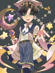 Rule 34 | 1boy, alternate costume, azul p23, black background, brown hair, crescent, glasses, green eyes, holding, holding staff, klug (puyopuyo), looking at viewer, open mouth, puyopuyo, solo, staff, star (symbol), white headwear