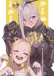 Rule 34 | 2girls, abigail williams (fate), abigail williams (swimsuit foreigner) (fate), animal ears, armor, blonde hair, blush, breastplate, breasts, cat ears, chorogon, closed eyes, fate/grand order, fate (series), forehead, gauntlets, green hair, grey eyes, hair between eyes, hair ornament, hairpin, high collar, huyan zhuo (fate), huyan zhuo (second ascension) (fate), large breasts, long hair, looking at viewer, multicolored hair, multiple girls, open mouth, parted bangs, pauldrons, paw pose, shoulder armor, sidelocks, small breasts, smile, streaked hair, twintails, very long hair, white hair
