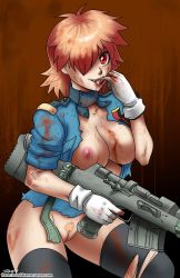 Rule 34 | 1girl, anti-materiel rifle, blonde hair, blonde pubic hair, blood, blood on clothes, blood on face, blood on hands, blood stain, breasts, fangs, female pubic hair, gloves, gun, hair over one eye, hellsing, hellsing 13.7mm baerlks, highres, john joseco, large breasts, licking, licking finger, nipples, open clothes, open shirt, police, police uniform, pubic hair, pussy, red eyes, rifle, seras victoria, shirt, sniper rifle, solo, thighhighs, torn clothes, torn thighhighs, uncensored, uniform, weapon