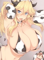 Rule 34 | 1boy, 1girl, absurdres, admiral (kancolle), animal print, beige background, bikini, blonde hair, blue eyes, blush, blush stickers, breasts, chibi, cleavage, collarbone, cow girl, cow horns, cow print, hair between eyes, highres, horns, huge breasts, iowa (kancolle), kantai collection, long hair, looking at viewer, navel, open mouth, short hair, smile, star-shaped pupils, star (symbol), swimsuit, symbol-shaped pupils, tsukasawa takamatsu