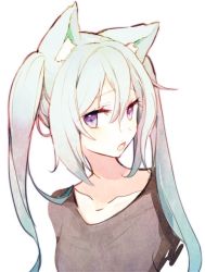 Rule 34 | 1girl, animal ears, aqua hair, black shirt, cat ears, chestnut mouth, commentary request, hair between eyes, kawaii rowa, long hair, looking at viewer, open mouth, original, shirt, simple background, solo, upper body, very long hair, white background